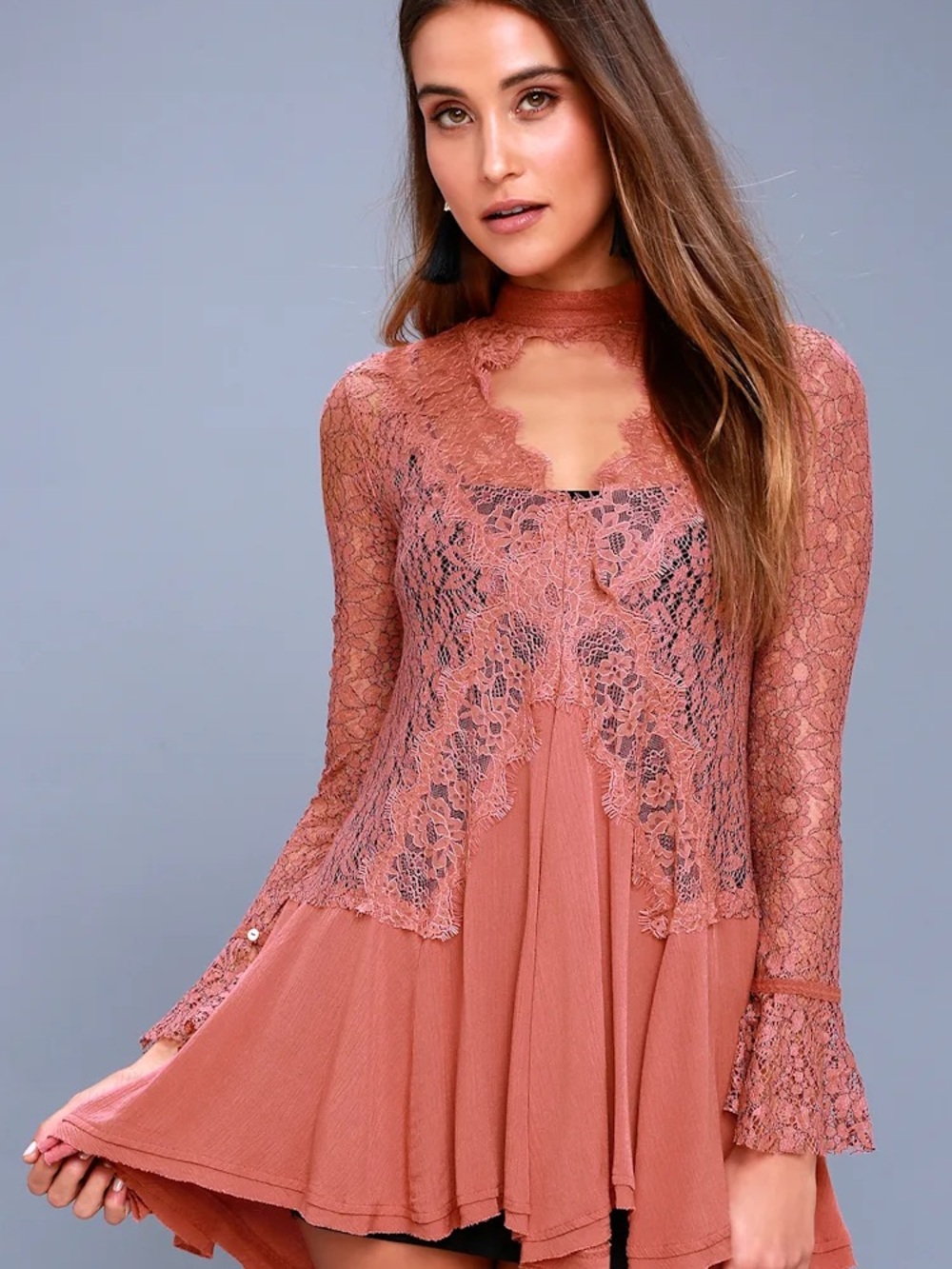 Free people New Tell Tale Rusty Rose Lace Long Sleeve Tunic SMALL